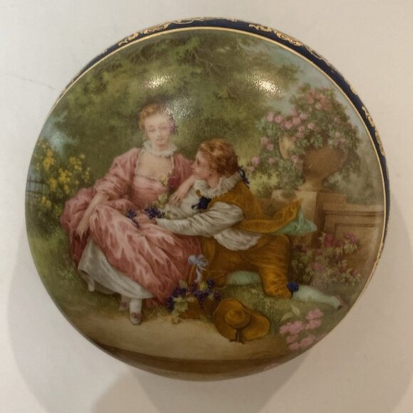 Vintage FM Limoges France Cobalt Blue Watteau Transfer Covered Dresser Box - Picture 1 of 9